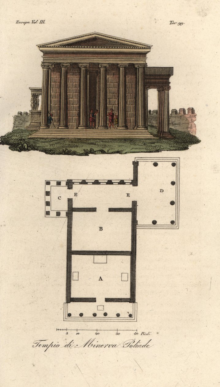Plattegrond en elevatie van het Erechtheion of Erechtheum A, Tempel van Neptunus B, Tempel van Minerva Polias met Portiek van de Kariatiden C, en Tempel van Pandrosus of Pandrosion D door Unknown artist