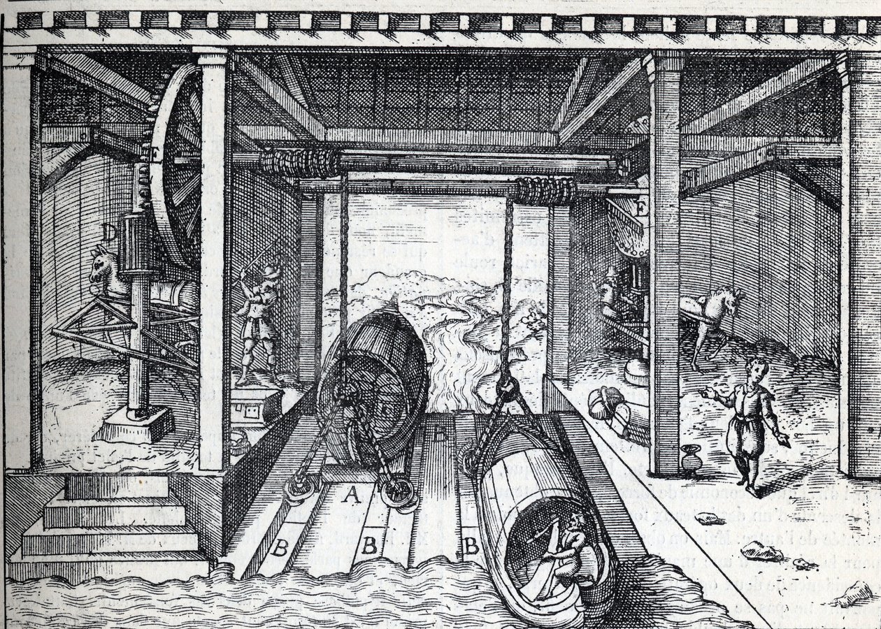 Hellend vlak voor boten in de 16e eeuw op de lagunes van de Brenta (rivier) in Noord-Italië. Gravure in 