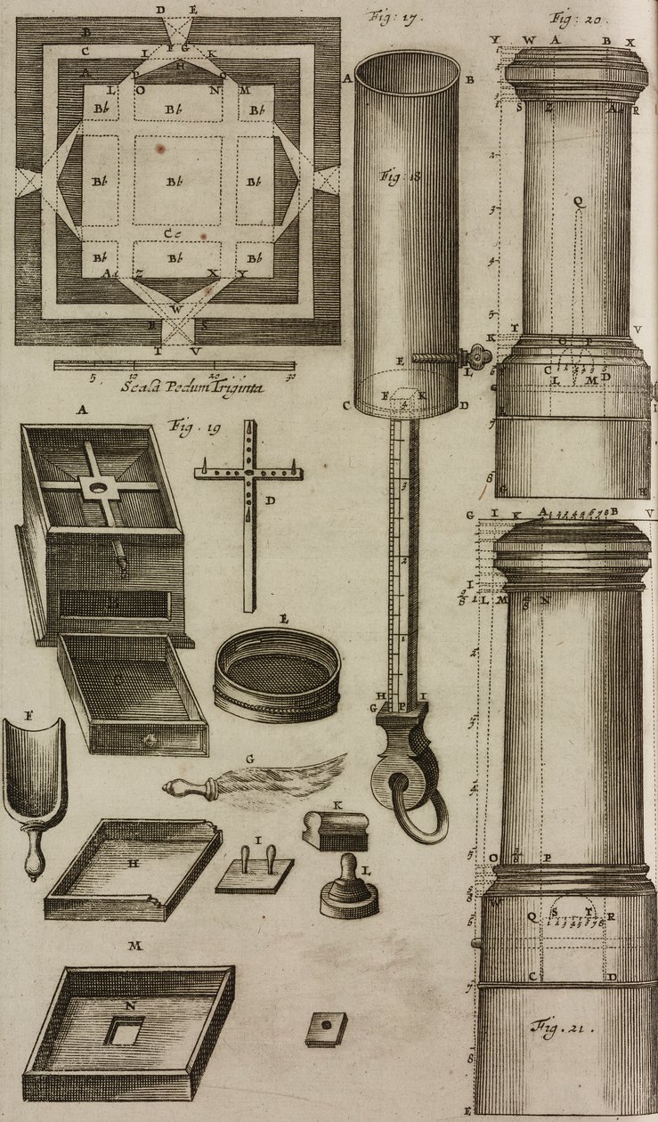 Plan van een kruitvat en gereedschap voor de bereiding en opslag van kruit, gravure uit Grand Art d