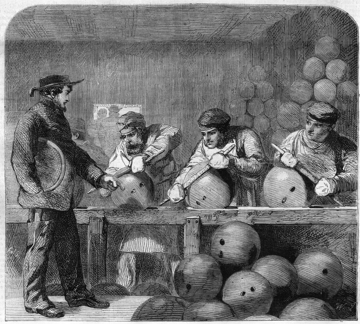Polijstwerkplaats van de bomgieterij in Woolwich Arsenal, buitenwijken van Londen, Engeland. Gravure in 