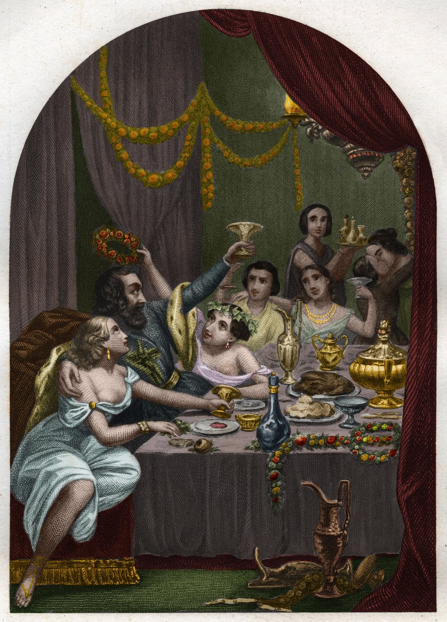 Paus Alexander VI (1431-1503) (Alessandro, Rodrigo Borgia) Rodrigo Borgia viert het huwelijk van zijn dochter Lucrezia Borgia (Lucrezia) met 50 hovelingen in het Vaticaan. Gravure uit 1842 in 
