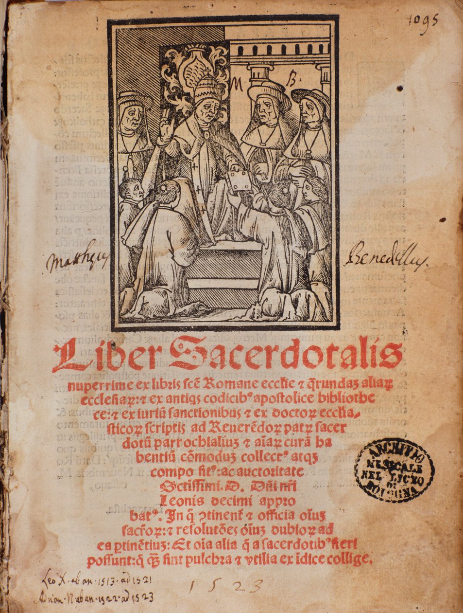 Paus Leo X ontvangt het boek Frontispice van het liturgieboek 