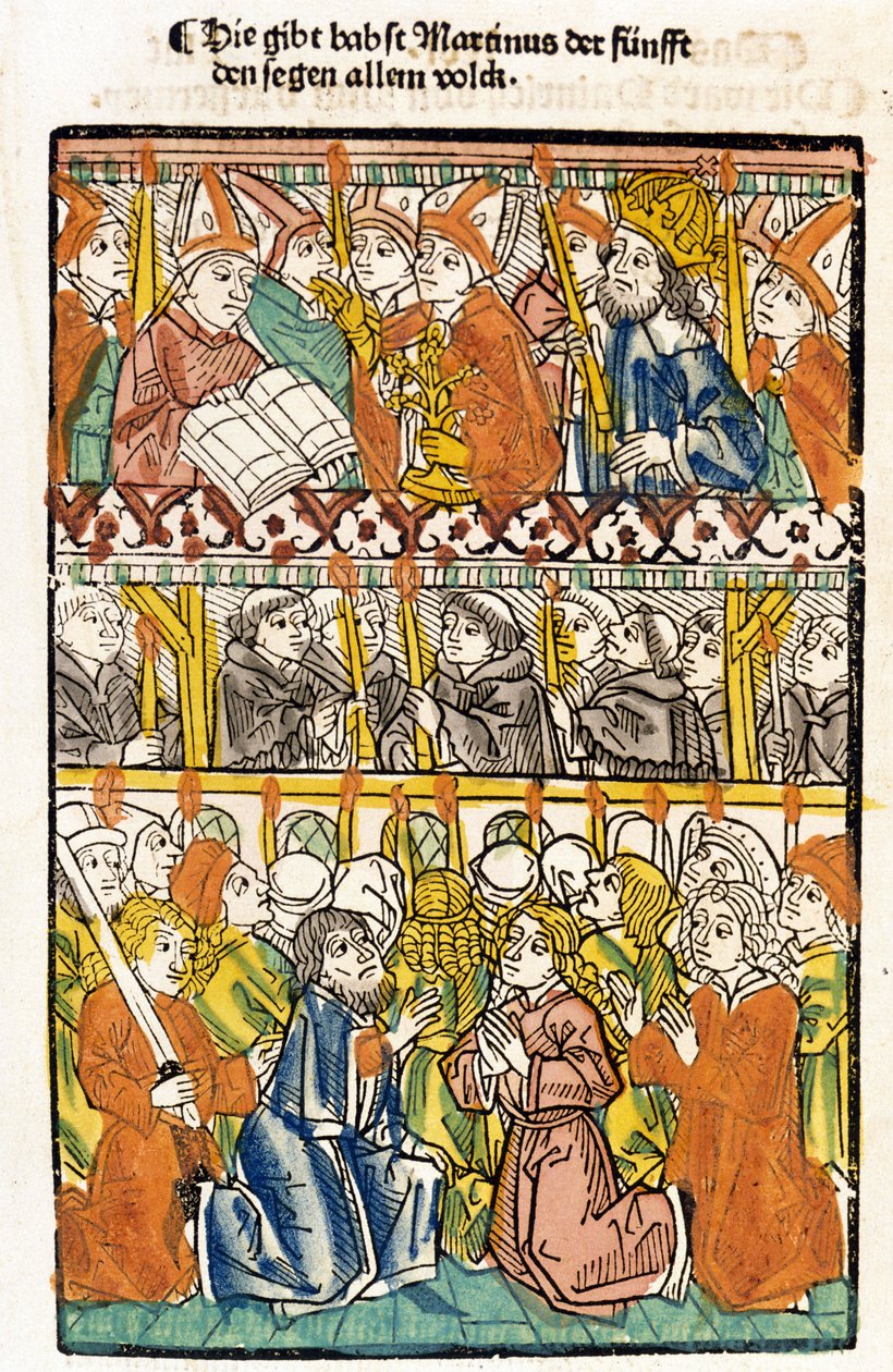 Paus Martinus V (1368 - 1431) gekozen op het Concilie van Konstanz (1417) en beëindigt het grote westers schisma. Das concilium door Unknown artist