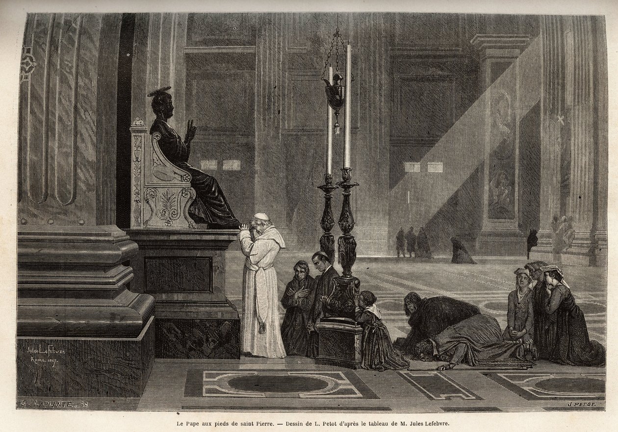 Paus Pius IX (pio 9) (1792-1878) verzameld aan de voet van het standbeeld van St. Peter, bij de ingang van de basiliek, in het Vaticaan. Gravure ter illustratie van het verhaal van Rome, door Francis Wey, in 1864-1868, gepubliceerd in 