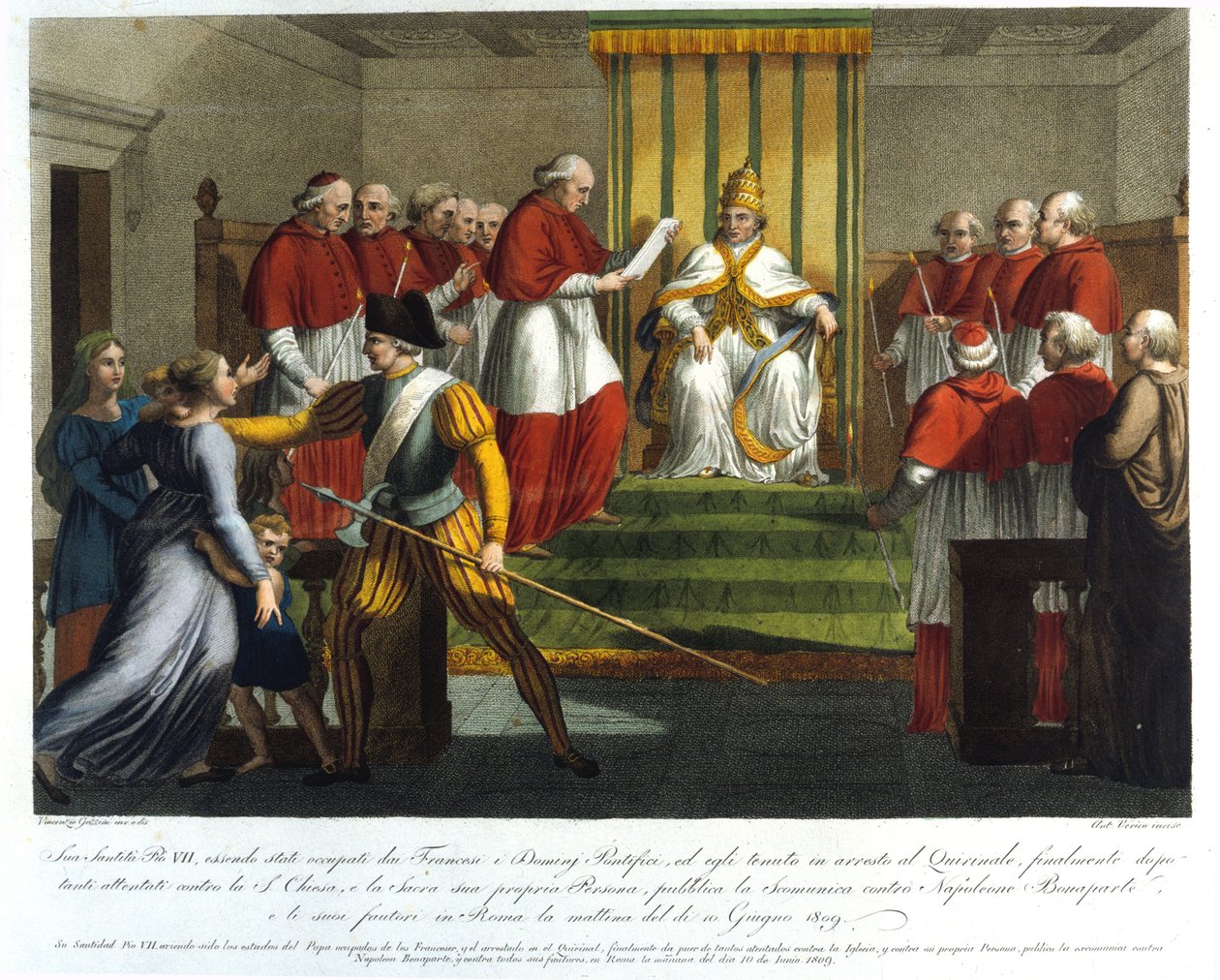 Paus Pius VII (1742 - 1823) excommuniceerde Napoleon Bonaparte op 10 juni 1809. Gravure uit de 19e eeuw door Unknown artist