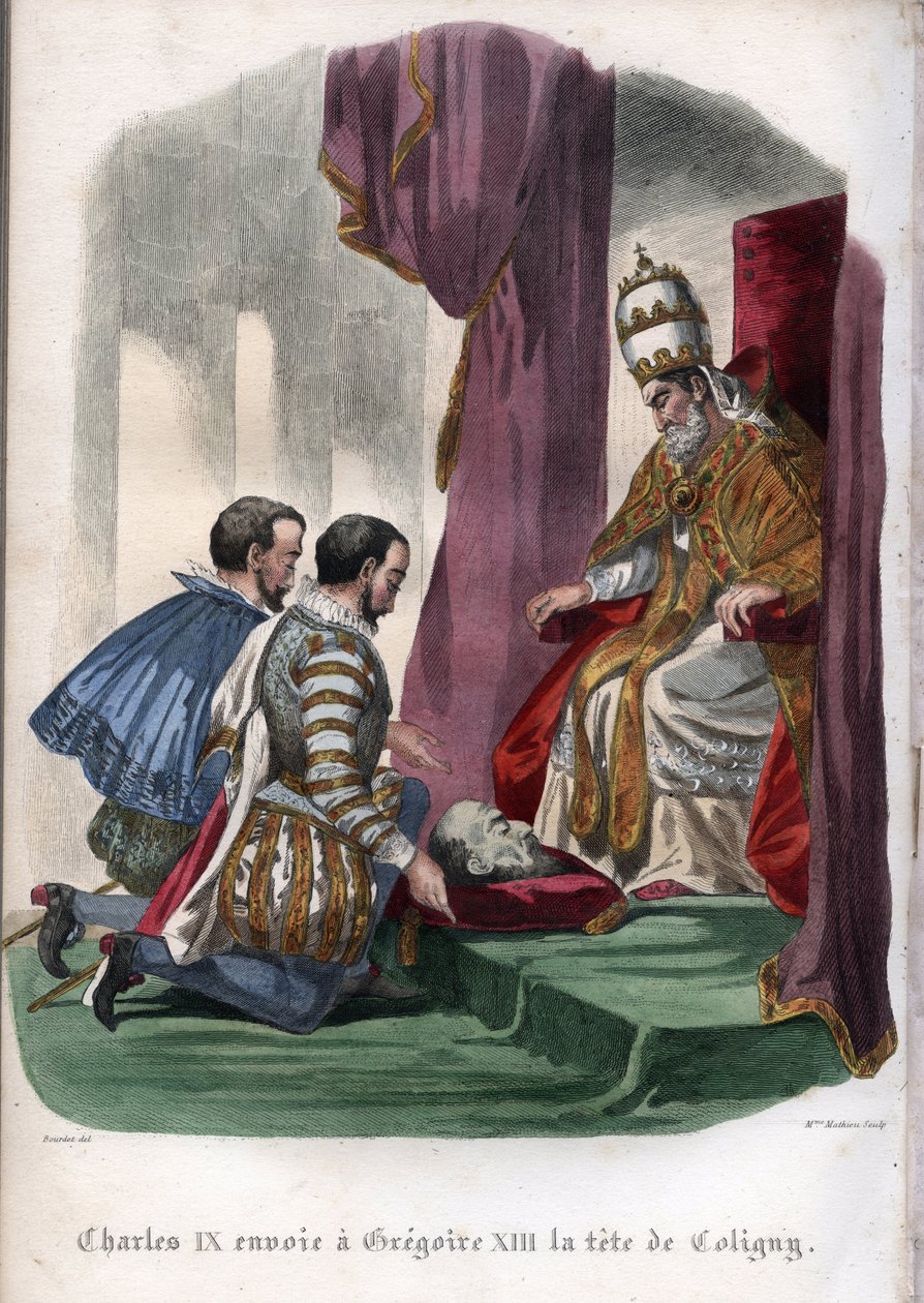 Paus Gregorius XIII (1502-1585) ontvangt het hoofd van Gaspard de Coligny (1519-1572), vermoord tijdens de Bartholomeusnacht in 1572, als geschenk van koning Karel IX van Frankrijk (1550-1574). door Unknown artist