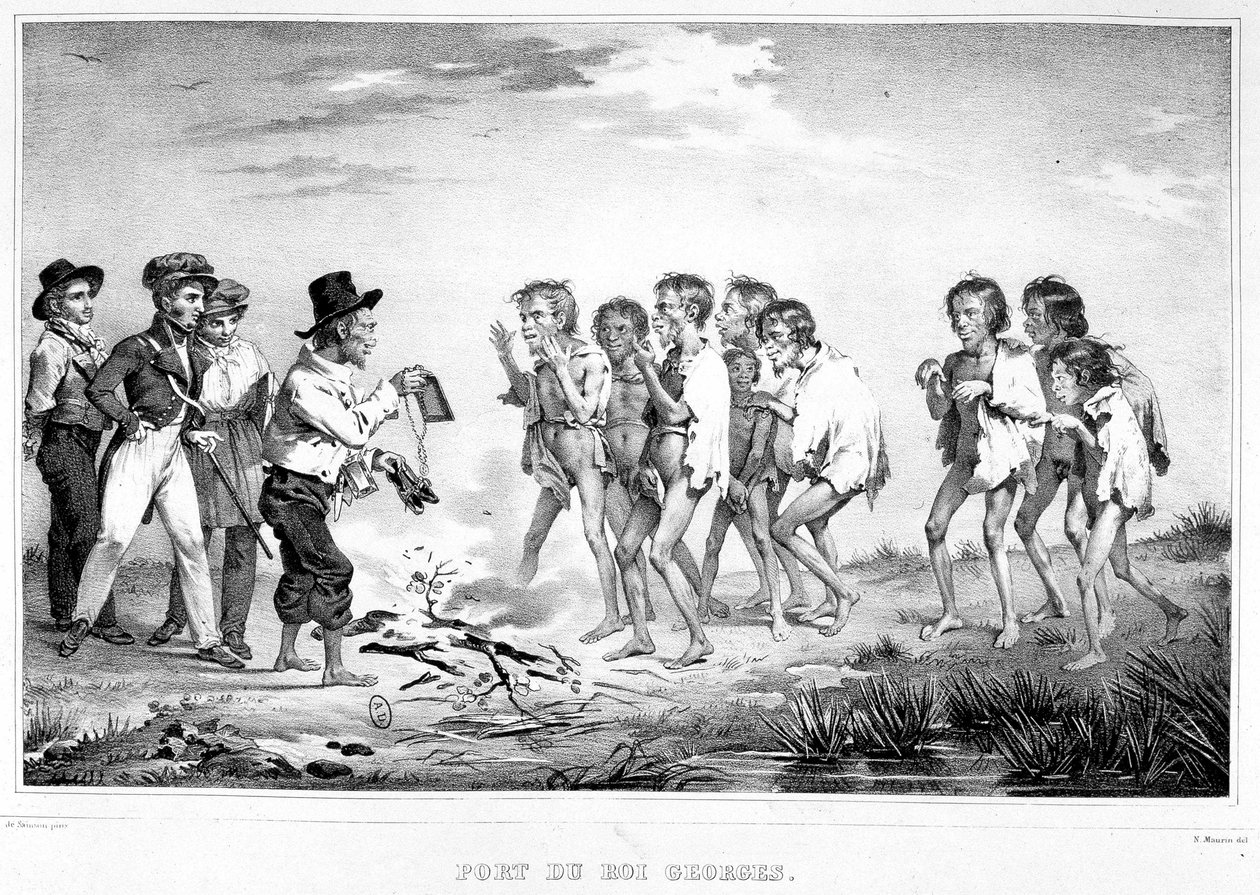 Haven van King George, Nieuw-Holland: Een inboorling toont zijn metgezellen de geschenken die hij ontving aan de rand van de Australabe door Unknown artist