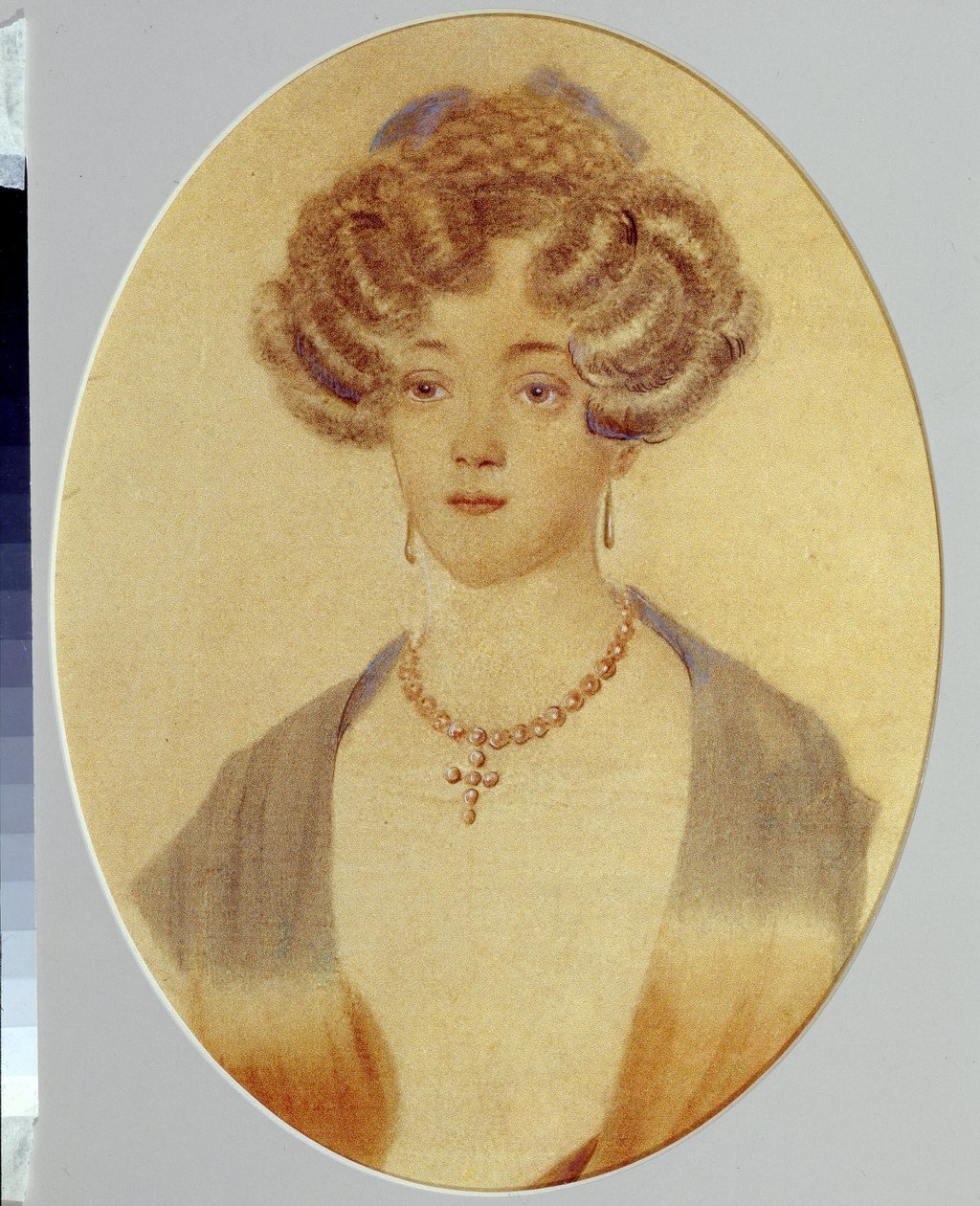 Portret van Ekaterina Nikolayevna Gontcharova (1809-1843). Schoonzus van Alexander Poesjkin. Anoniem werk, aquarel op papier door Unknown artist