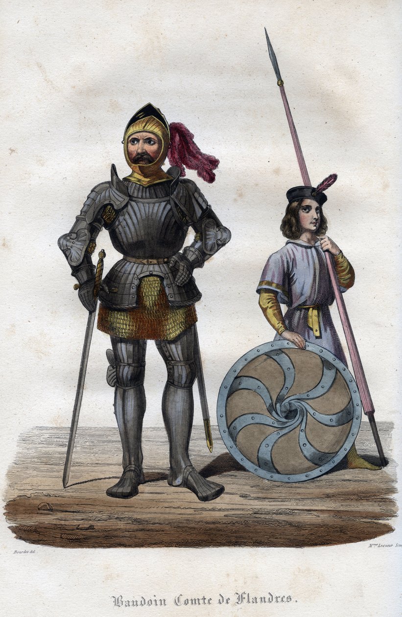 Portret van Boudewijn I, graaf van Vlaanderen (830s-879), ook bekend als Boudewijn IJzeren Arm. Gravure uit 1842 in Histoire des popes door Maurice Lachatre. Privécollectie. door Unknown artist
