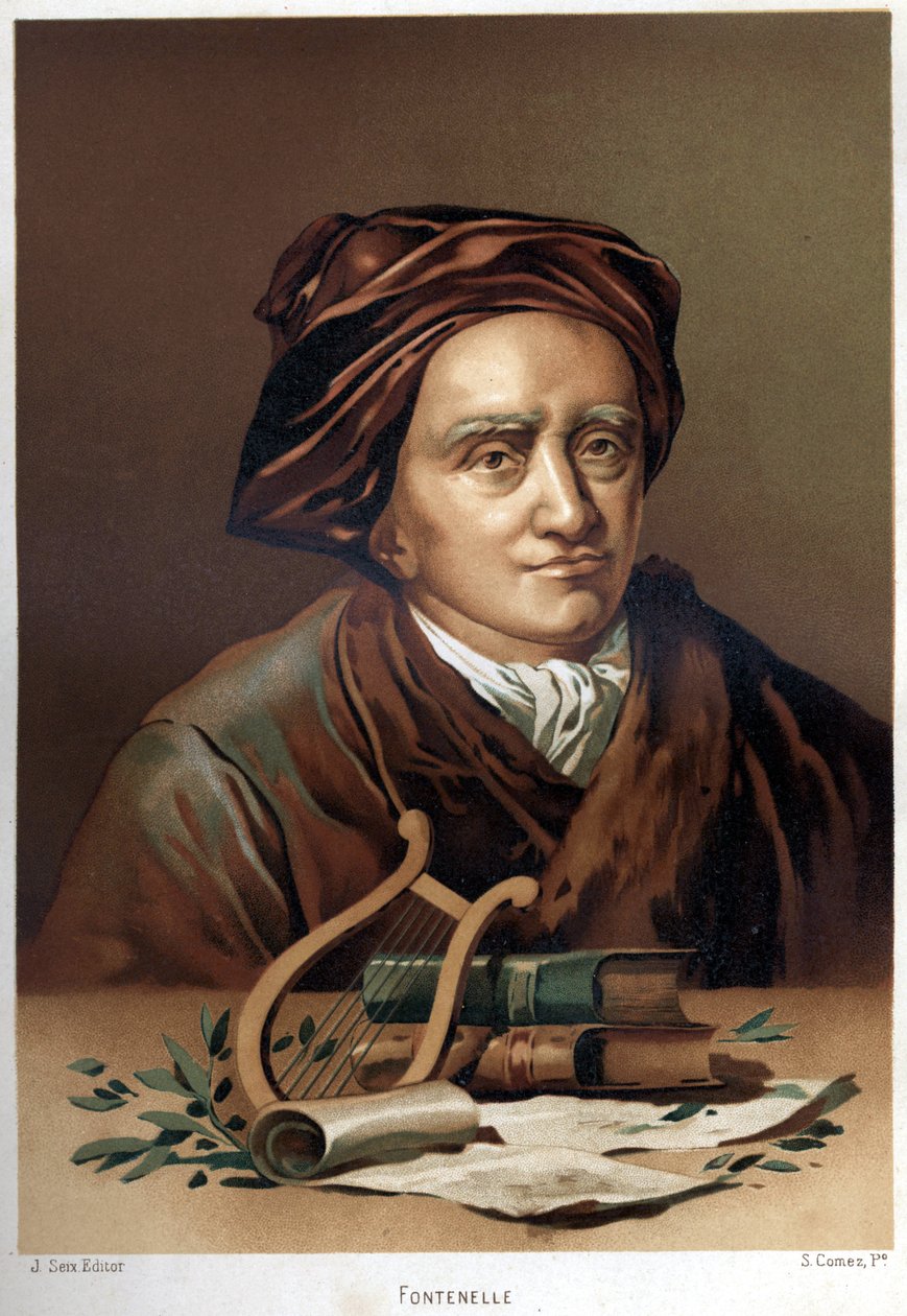 Portret van Bernard Le Bouyer (Le Bovier) de Fontenelle (1657-1757). Chromolithografie eind 19e eeuw. gebaseerd op 