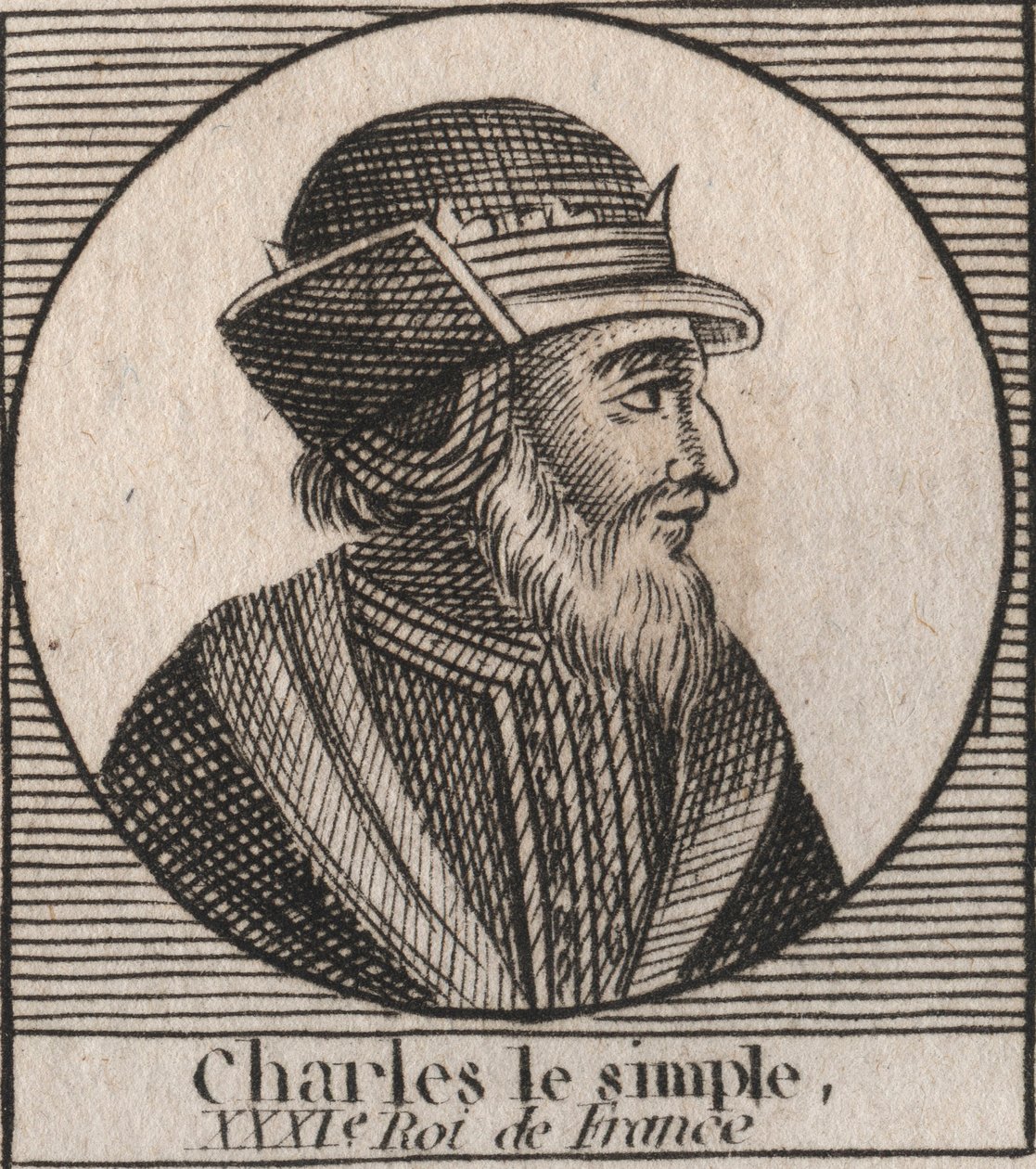 Portret van Karel III genaamd de Eenvoudige (879-929) koning van de Franken - KAREL III (879-929) - Karel de Eenvoudige - koning van Frankrijk, 893-923 - gravure uit 