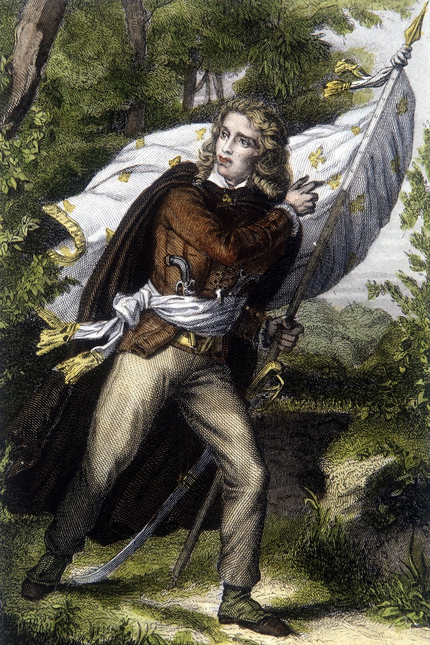 Portret van Chef Chouan Jacques Cathelineau (1759-1793) met de banier met lelies door Unknown artist