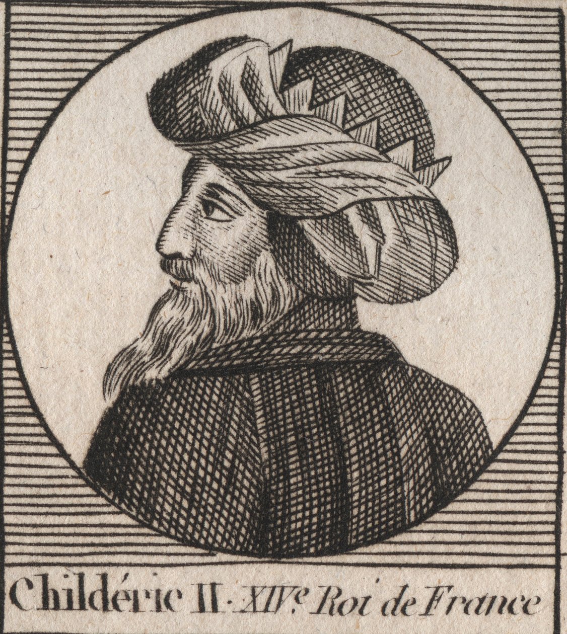 Portret van Childeric II, koning van de Franken van 670 tot 673 - Childeric II 655-675 Merovingische koning van Frankrijk en Austrasië - gravure uit 