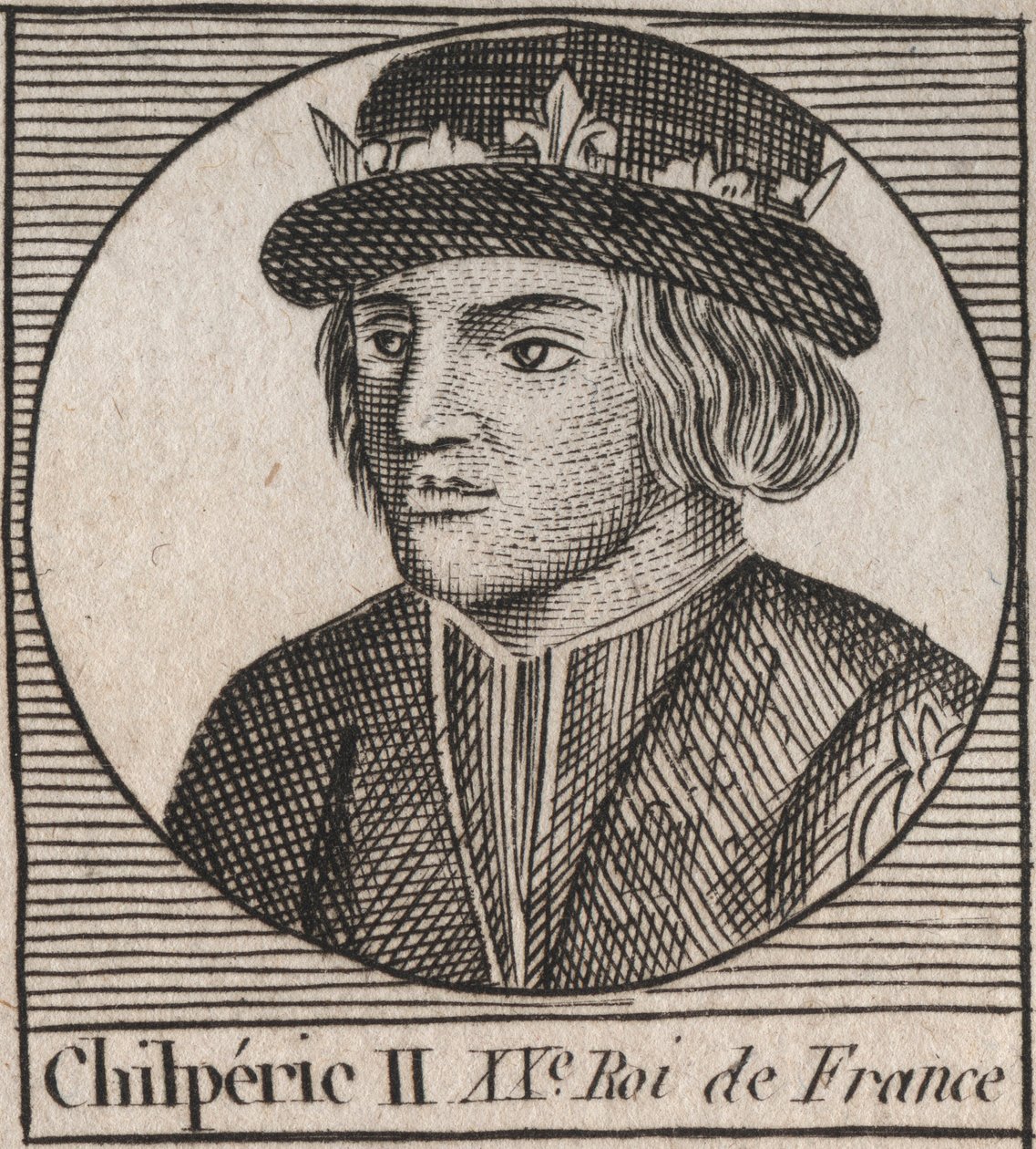 Portret van Chilperic II (ca. 670 - 721), koning van Neustrië - gravure uit 