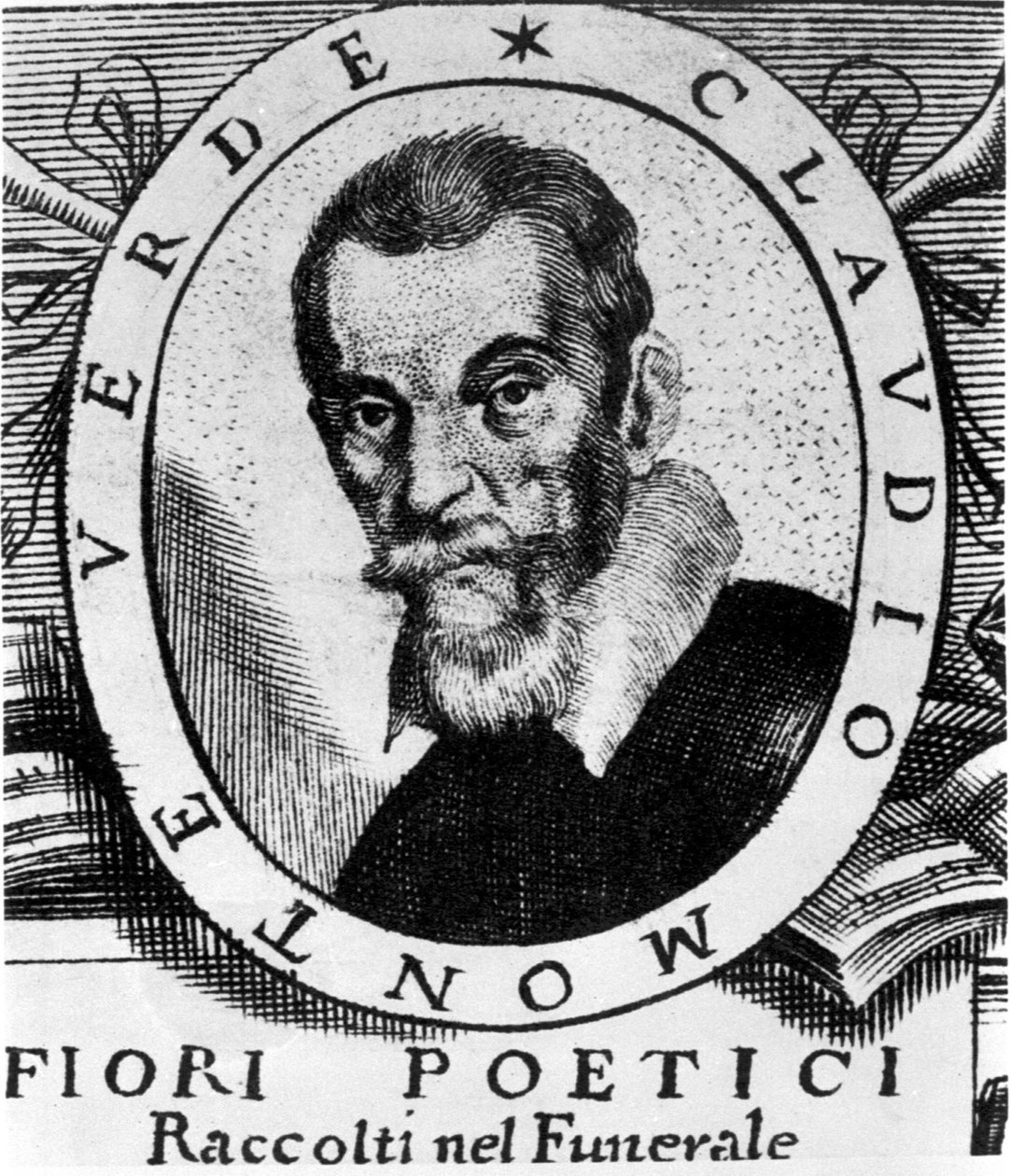 Portret van Claudio Monteverdi (1567 - 1643) naar het frontispice van Fiori poetici raccolti nel funerale del molto illustrious e molto reverendo Signor Claudio Monteverdi, gepubliceerd in Venetië in 1644. door Unknown artist