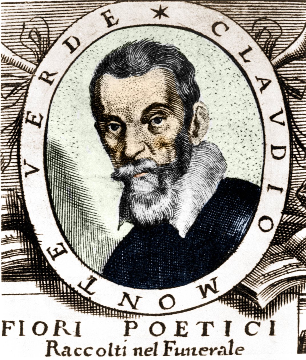 Portret van Claudio Monteverdi naar het frontispice van Fiori poetici raccolti nel funerale del molto illustrious e molto reverendo Signor Claudio Monteverdi, gepubliceerd in Venetië in 1644 door Unknown artist