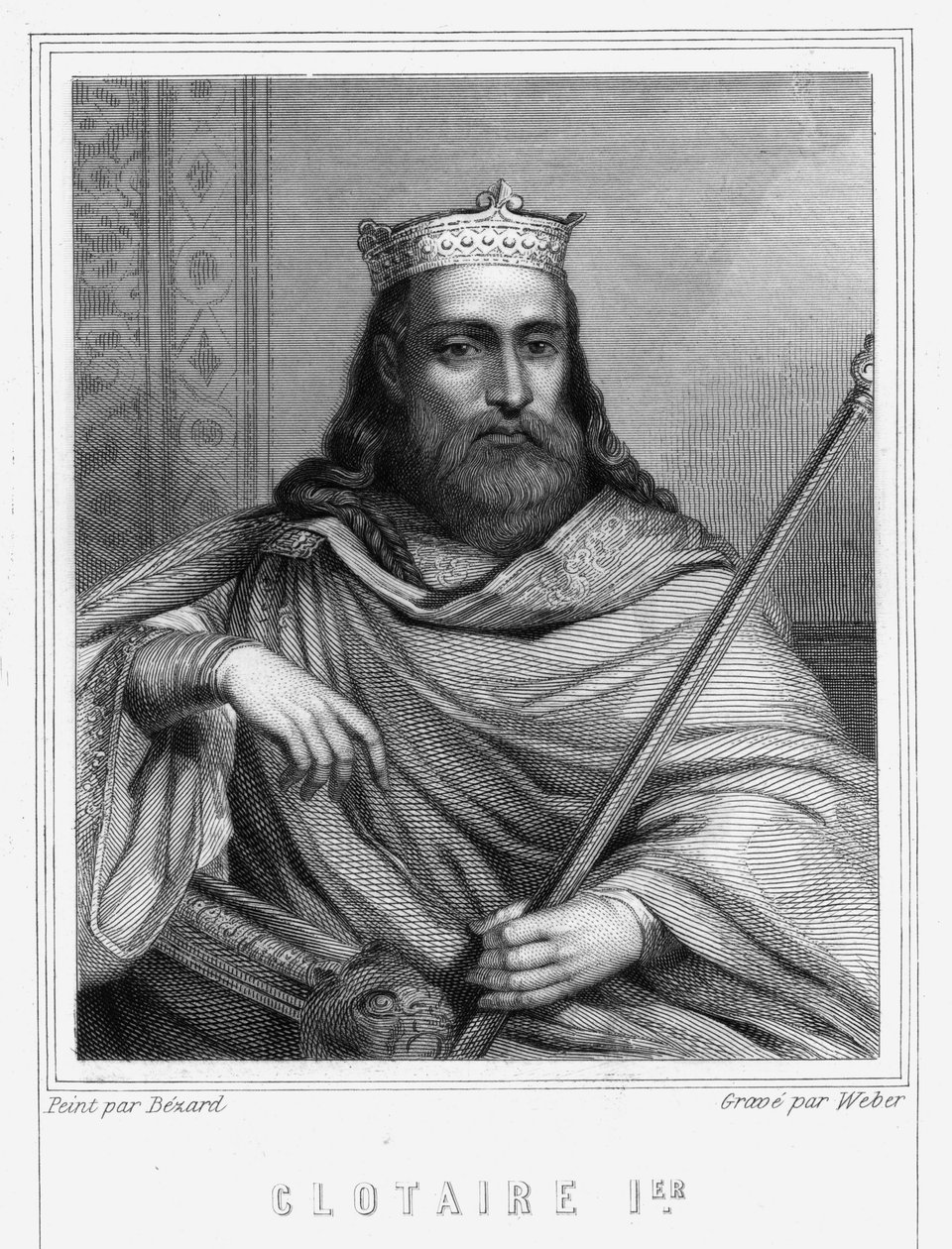 Portret van Clotaire (Clothaire) I (497 - 561), Koning van Neustrië en Koning van de Franken - in “Histoire des Français” door Lavallée, gravure, sd. door Unknown artist