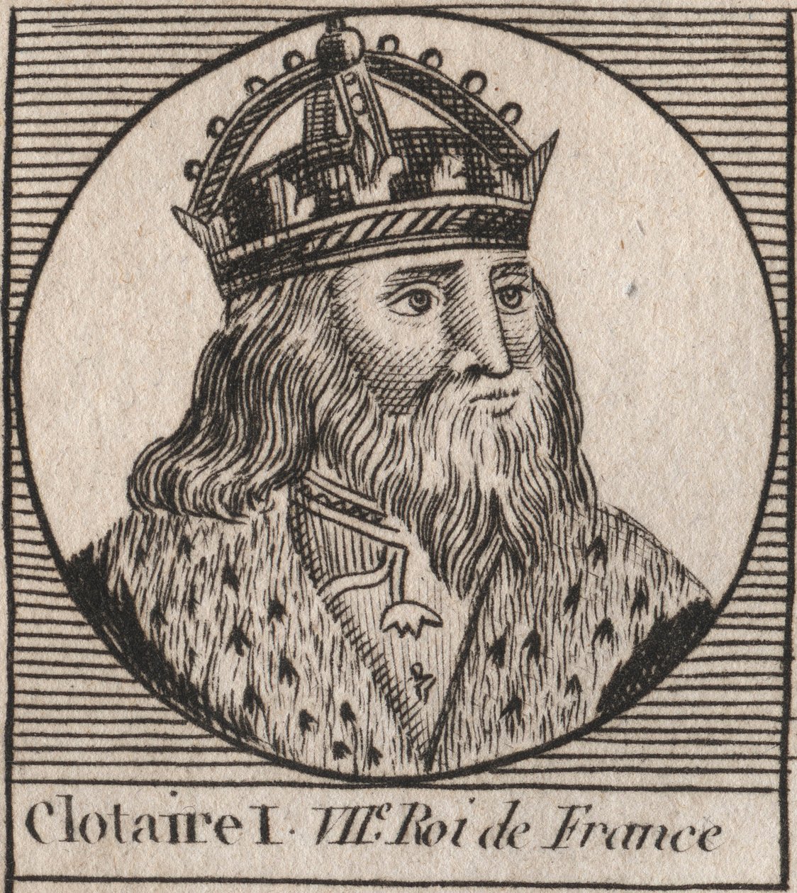 Portret van Clothaire I (497 - 561), Koning van Neustrië en Koning van de Franken (gravure uit 