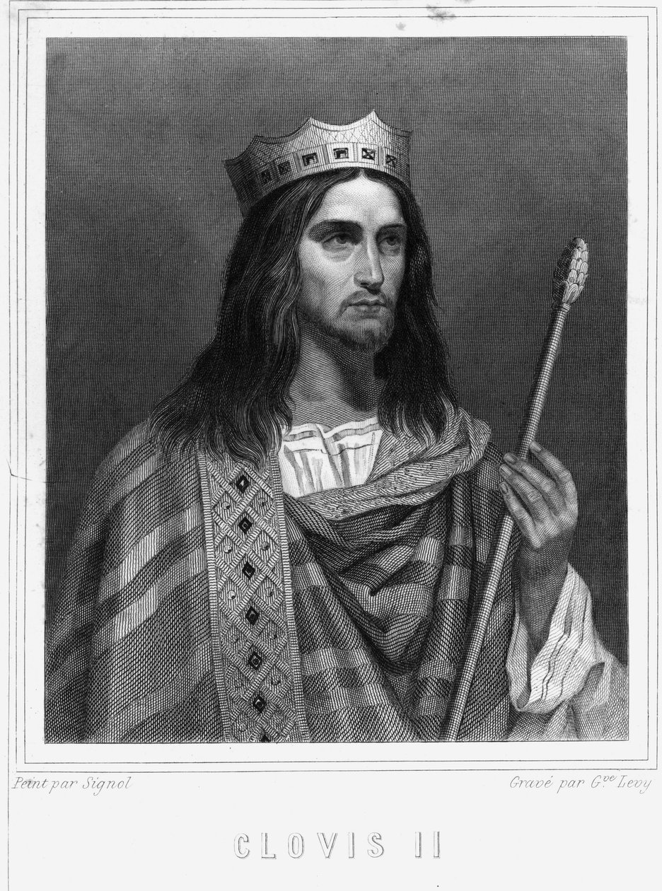 Portret van Clovis II (? - 657), Koning van Neustrië, Bourgondië en Austrasië - in “Histoire des Français” door Lavallée, gravure, sd door Unknown artist