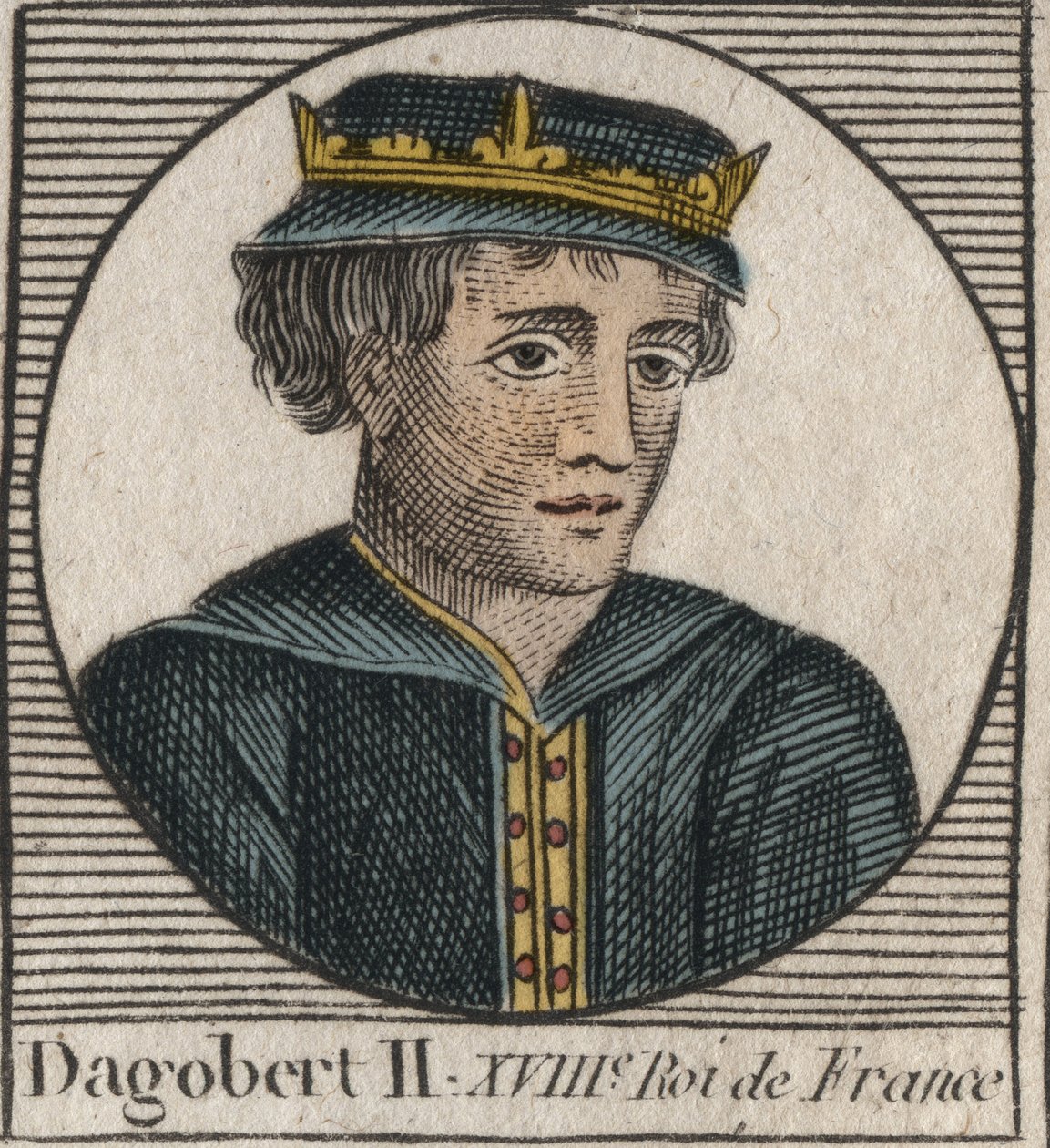 Portret van Dagobert II, Koning van de Franken van 711 tot 716 - Dagobert II (676-679), Koning van Austrasië - gravure uit 