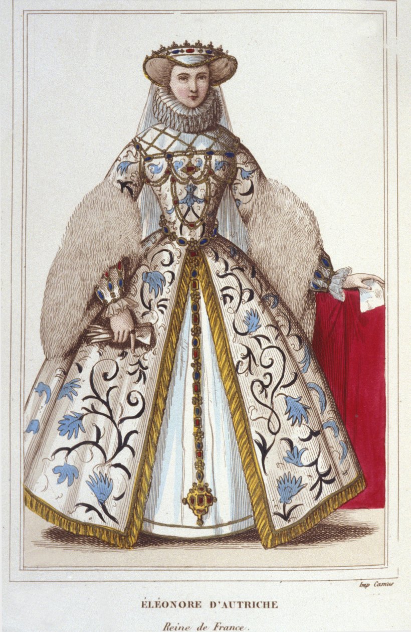 Portret van Eleonore van Habsburg (of Oostenrijk) (1498-1558). Aartshertogin van Oostenrijk, Koningin van Portugal en daarna Koningin van Frankrijk, tweede vrouw van Francois I, gravure uit 1830 door Unknown artist