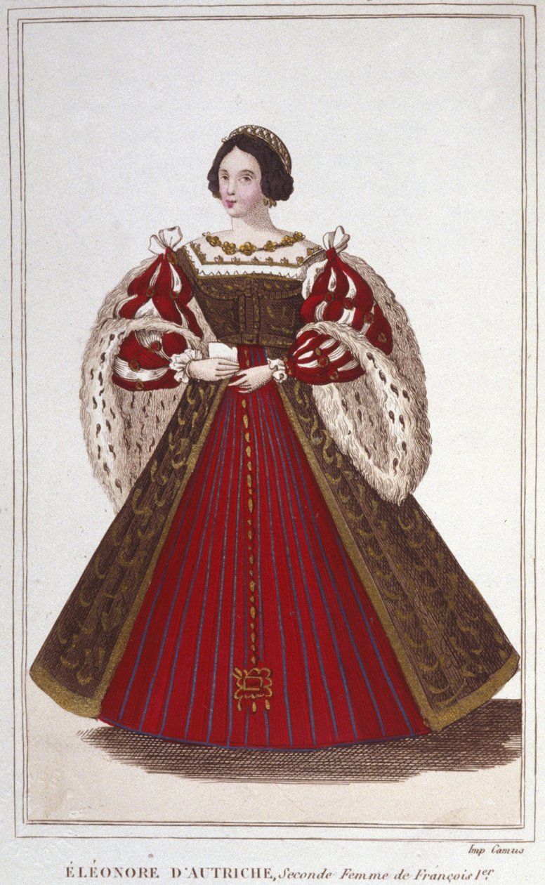Portret van Eleonore van Habsburg (of Oostenrijk) (1498-1558). Aartshertogin van Oostenrijk, koningin van Portugal en vervolgens koningin van Frankrijk, tweede vrouw van François I. Gravure uit 1830 door Unknown artist