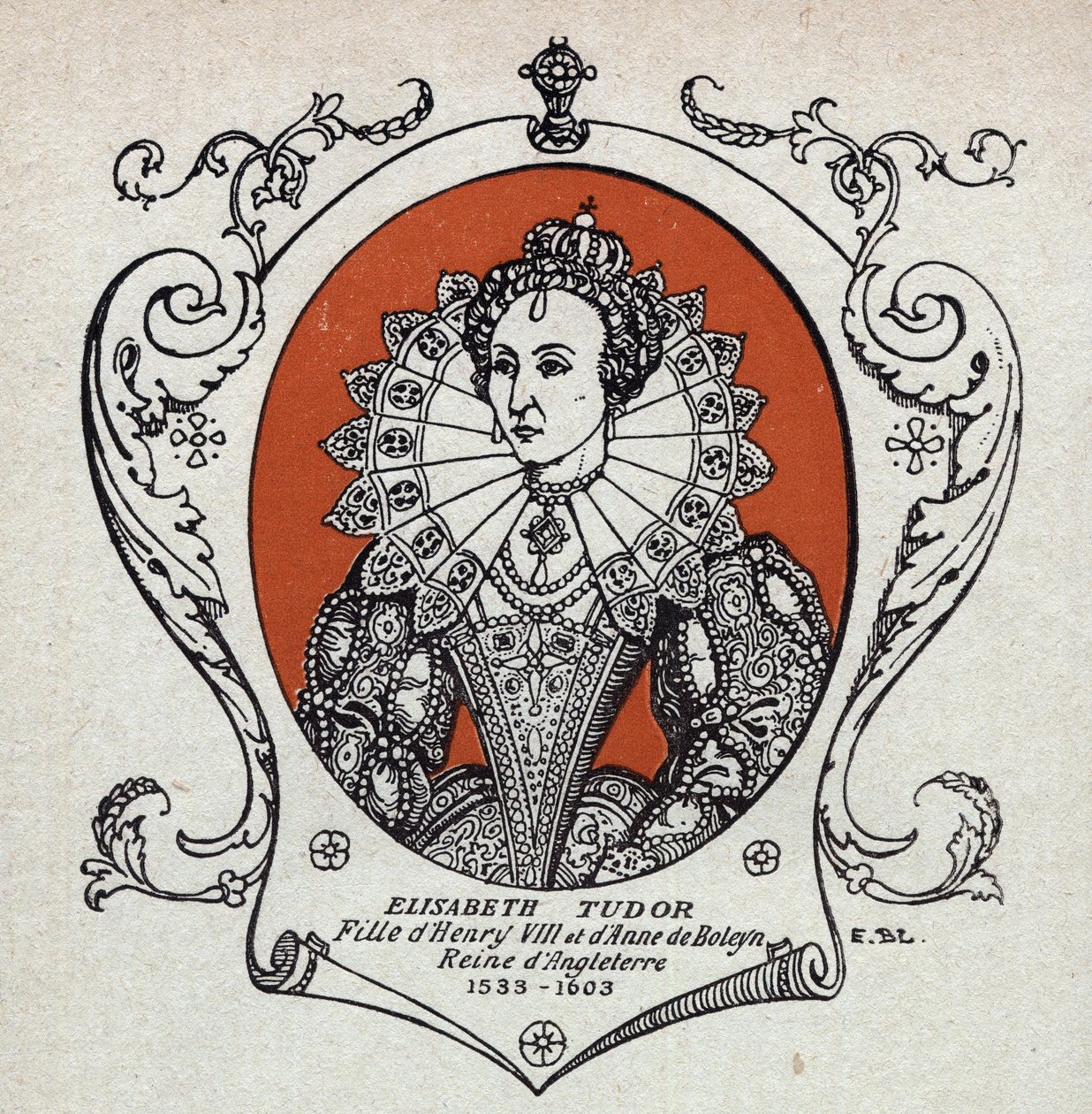 Portret van Elisabeth Iere of Elizabeth Tudor (1533-1603), koningin van Engeland en Ierland. Gravure uit 1914. Privécollectie. door Unknown Artist
