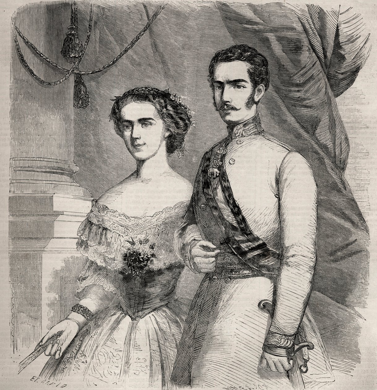 Portret van Keizer Francois Joseph I van Oostenrijk (1830-1916) en zijn vrouw Elisabeth van Wittelsbach (1837-1898) (Sissi). Gravure in 