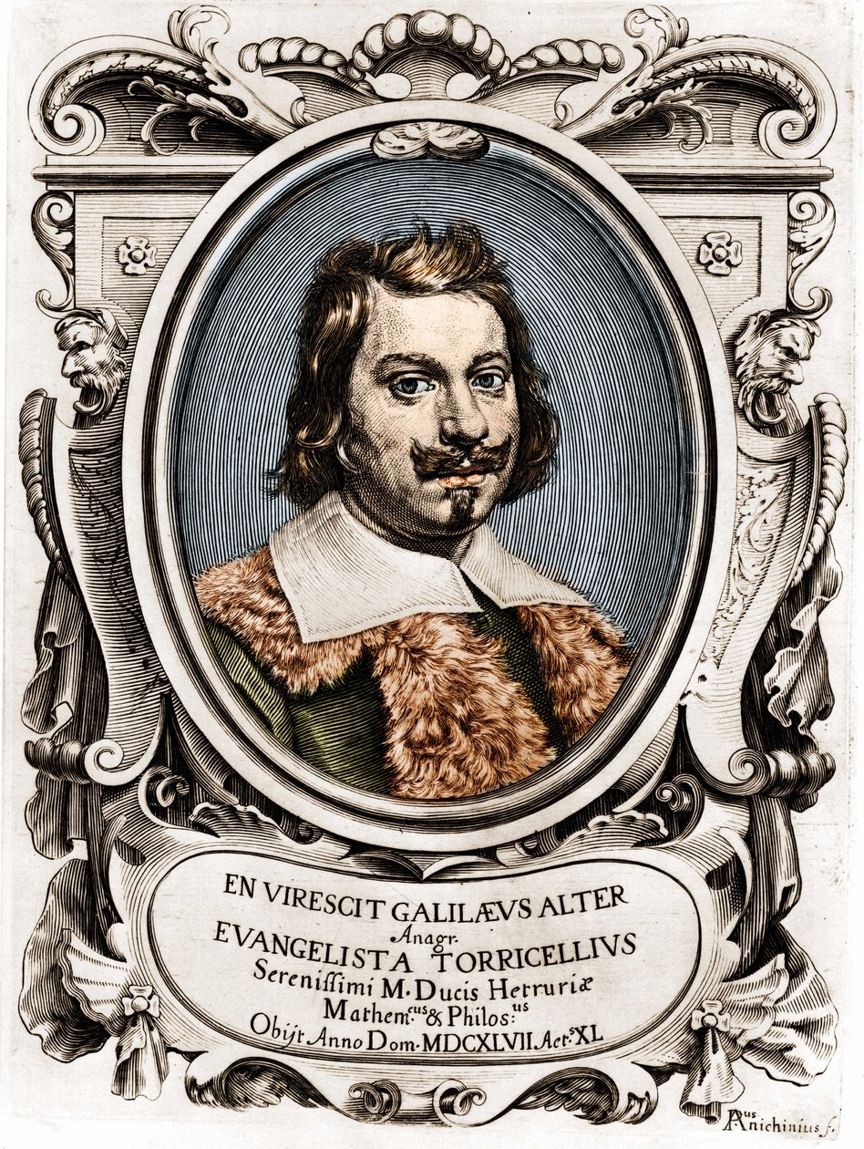 Portret van Evangelista Torricelli of Toricelli (1608 - 1647), Italiaanse natuurkundige. Gravure van de 17e eeuw. door Unknown artist