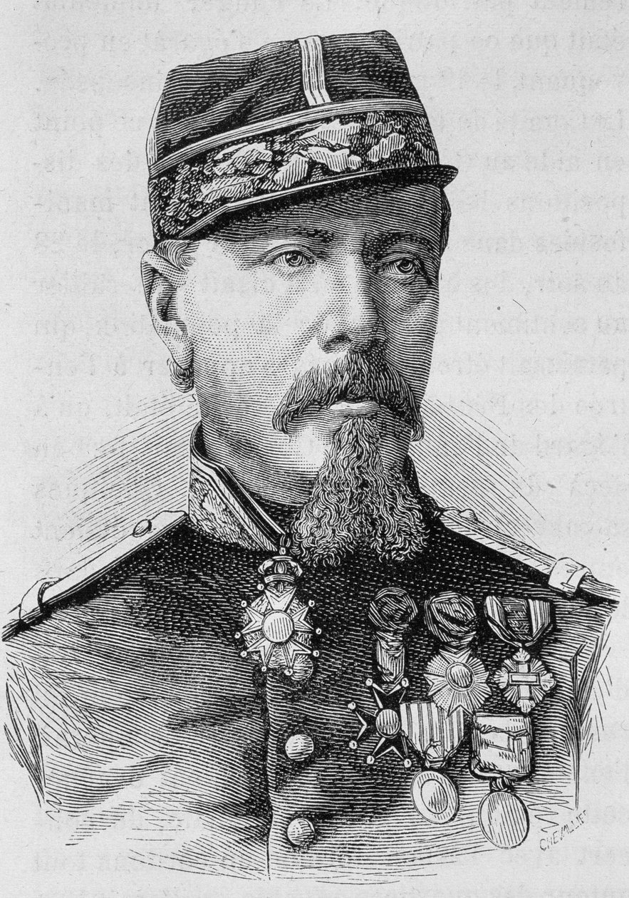 Portret van Generaal Lecomte die werd neergeschoten door de opstandelingen in 1871. Gravure van het einde van de 19e eeuw in 