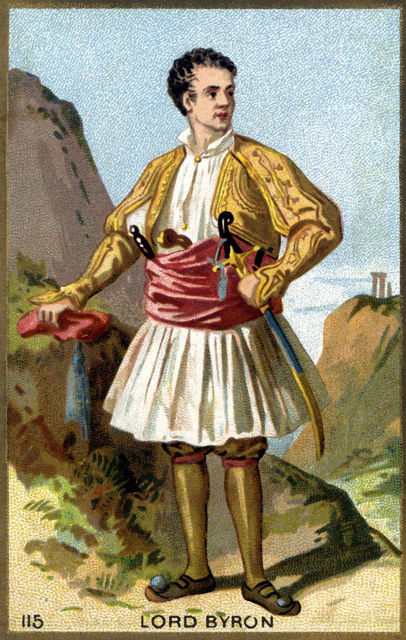 Portret van George Gordon Noel, 6e Baron Byron, Lord Byron (1788 - 1824) gekleed in Grieks. Chromolithografie van de 19e eeuw. door Unknown artist