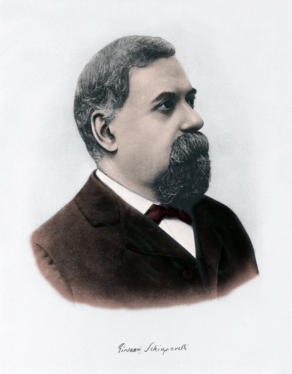 Portret van Giovanni Virginio Schiaparelli (1835-1910) astrofysicus. Hij observeerde rechtlijnige configuraties op de planeet Mars, die hij de Martiaanse kanalen (canali) noemde. Gravure rond 1900 door Unknown Artist