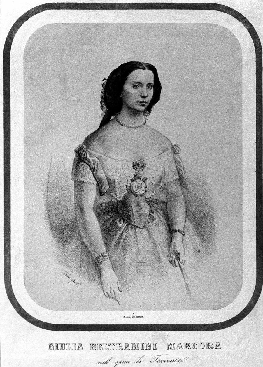 Portret van Giulia Beltramini Marcora in “La traviata” door Giuseppe Verdi. Lithografie uit het einde van de 19e eeuw door Unknown artist