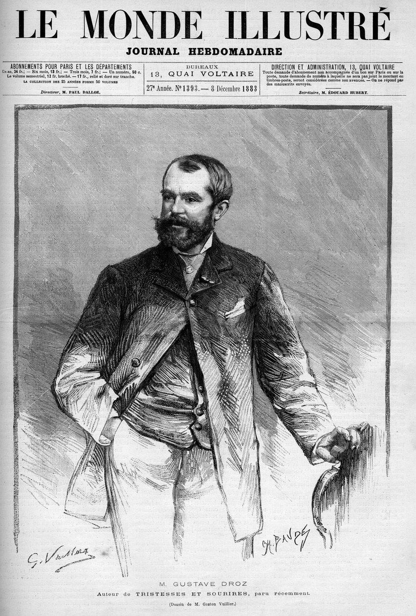 Portret van Gustave Droz (1832-1895), Franse schilder en romanschrijver. Gravure in Le Monde Illustré door Unknown artist