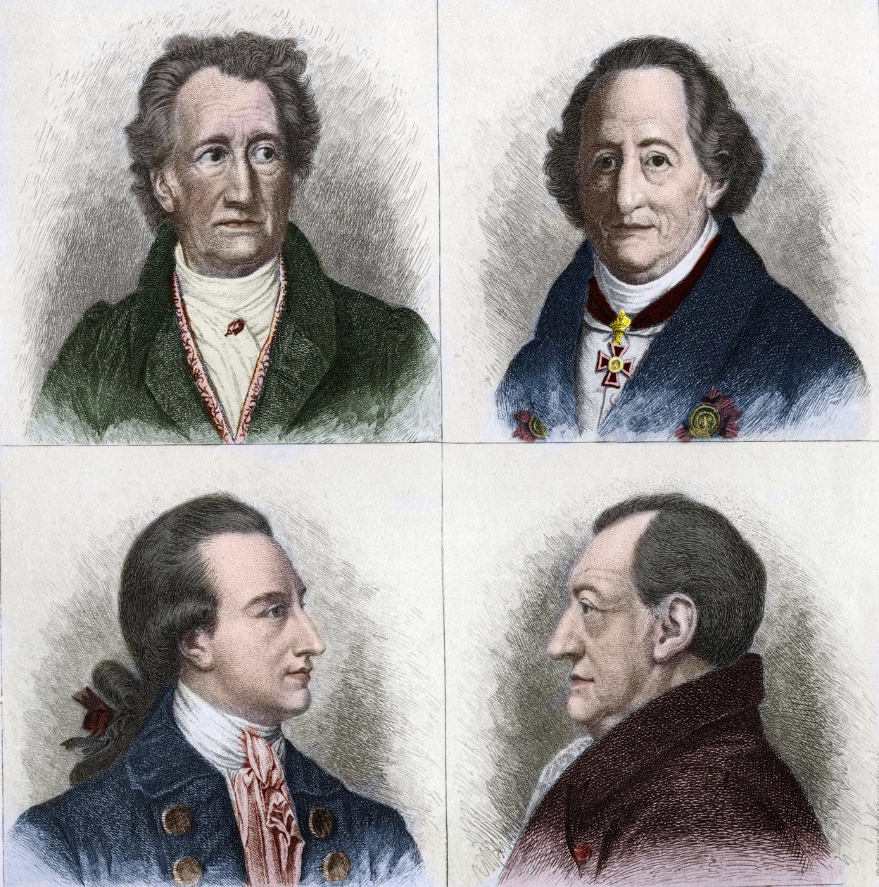 Portret van Johan Wolfgang Goethe (1749 - 1832), Duitse schrijver, op verschillende leeftijden in zijn leven. Gravure uit de 19e eeuw. door Unknown artist
