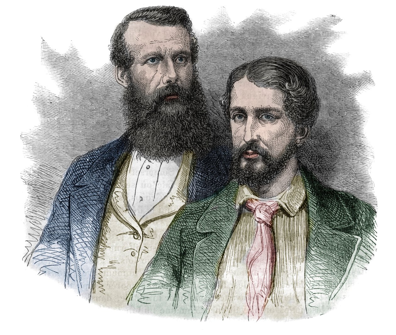Portret van John Hanning Speke, Britse ontdekkingsreiziger, en James Augustus Grant, Britse soldaat en ontdekkingsreiziger. Samen verkenden ze de bronnen van de Nijl - gravure uit 