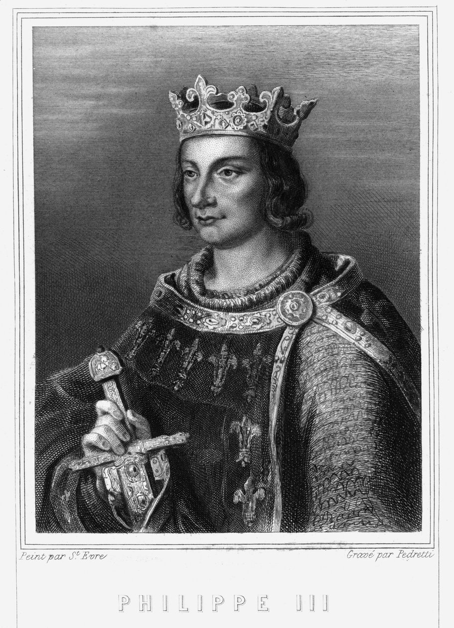 Portret van Filips III van Frankrijk, bekend als Filips de Stoute (1245-1285) (Capetingische dynastie). Filips III, Koning van Frankrijk. Filips III de Stoute (1245-1285) - in "Histoire des Français" door Lavallée, gravure, sd. door Unknown artist