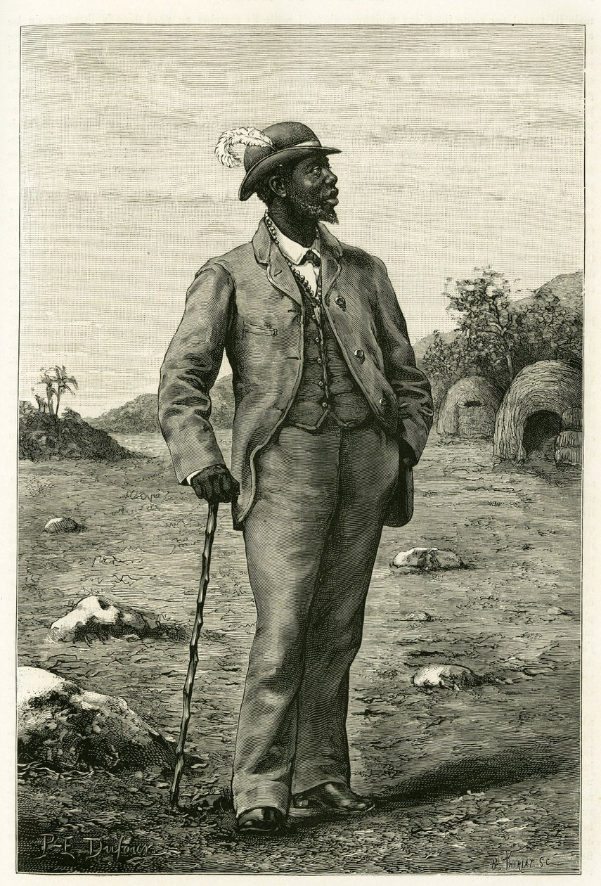 Portret van koning Sepopo van Zambeze (huidig Zuid-Afrika), gekleed in Europese stijl, gravure door P. Dufour, ter illustratie van het verhaal 