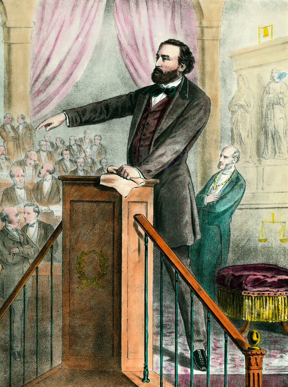 Portret van Leon Gambetta (1838 - 1882) in de galerij. Gravure uit de 19e eeuw. door Unknown artist