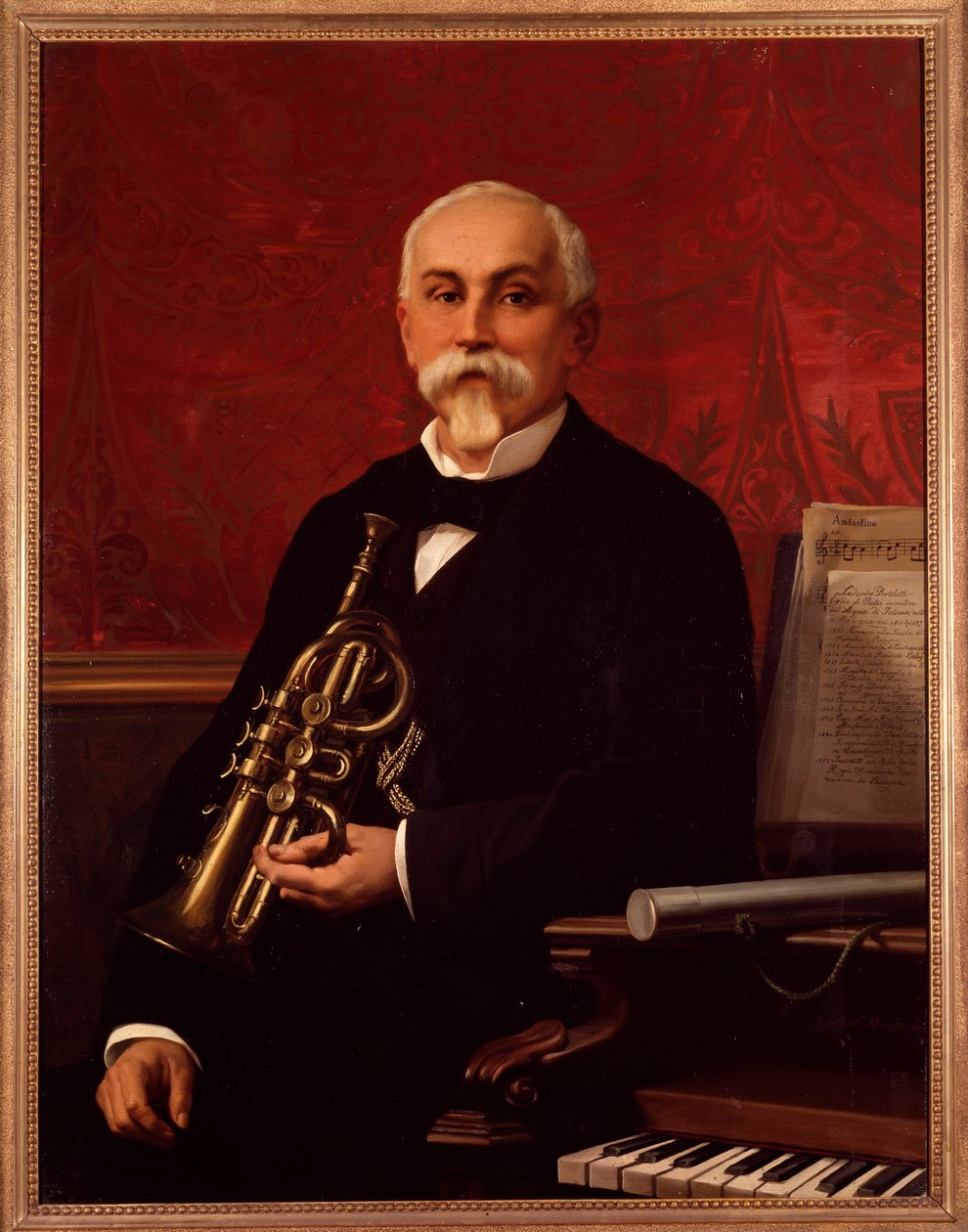 Portret van Lodovico Bortolotti (19e eeuw) Italiaanse muzikant. Hij houdt een trompet vast. Anoniem schilderij. 19e eeuw. Bologna, civico museo bibliografico door Unknown artist