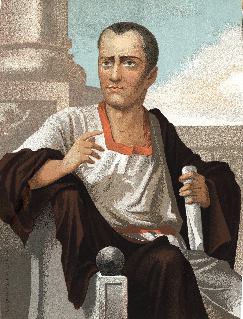 Portret van Marcus Junius Brutus. Romeinse politicus (ca. 85-42 v.Chr.) na hombres y Mujeres celebres. Barcelona 1877. door Unknown artist