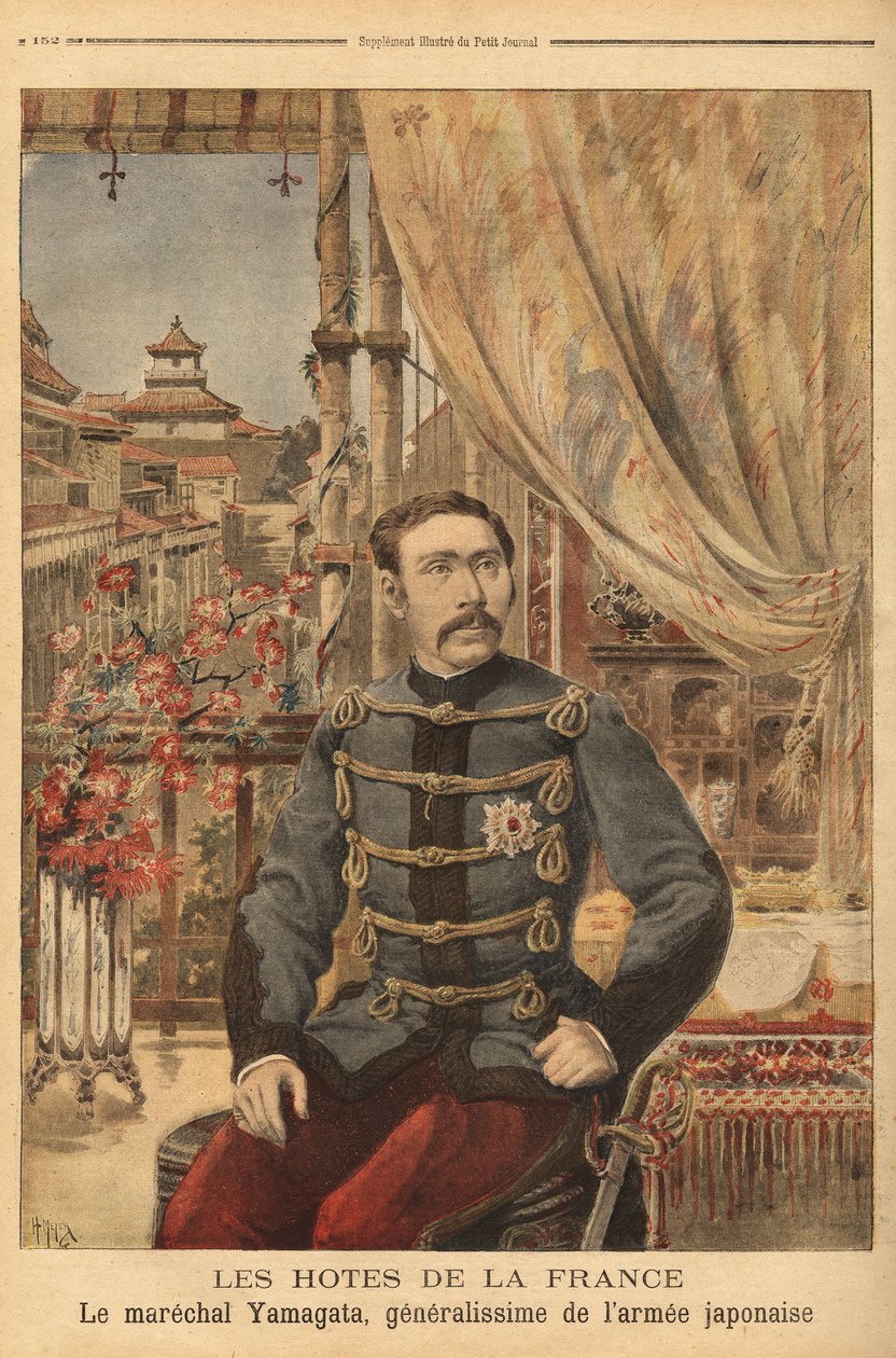 Portret van maarschalk Yamagata Aritomo (1838-1922), een Japanse soldaat en politicus, hij commandeerde het eerste leger van Japan tijdens de oorlog tegen China in 1894. Gravure in 