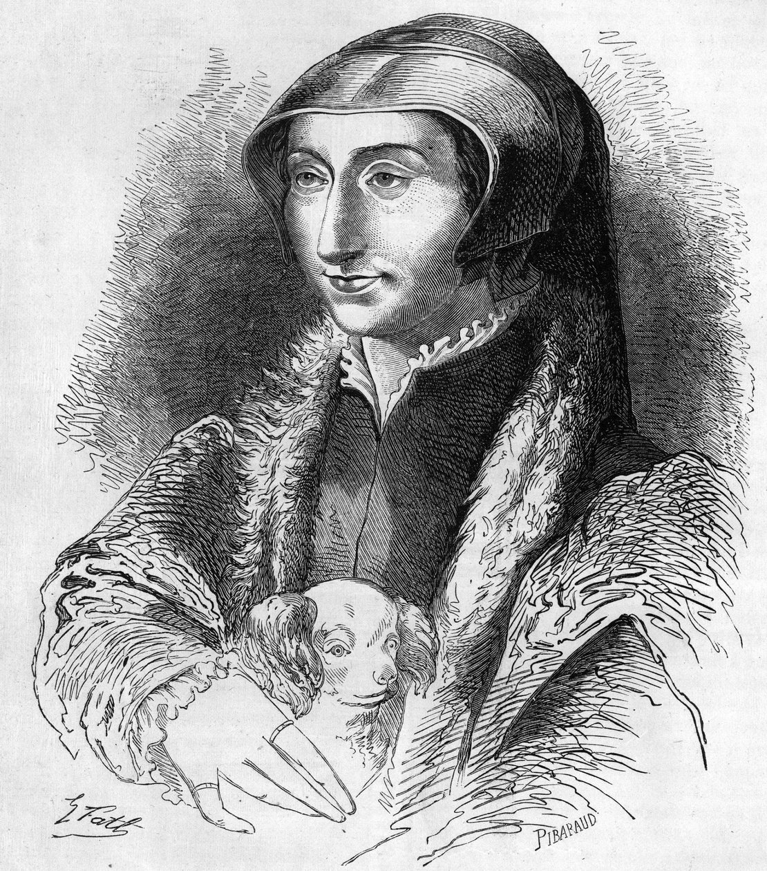Portret van Margaretha van Navarra (Marguerite van Valois, Marguerite van Angoulême of Marguerite van Frankrijk (1492-1549) koningin van Navarra en dichteres, zus van François I (1553-1615). Gravure uit de 19e eeuw. door Unknown artist