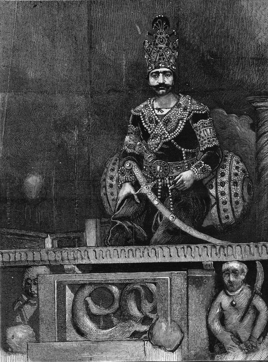 Portret van Nasir Al-Din, sjah van Perzië op zijn troon. door Unknown artist
