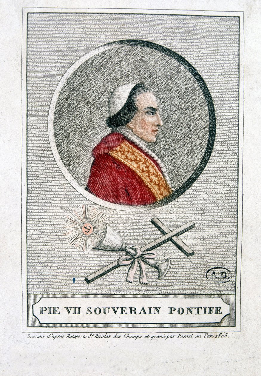 Portret van Pius VII (1742 - 1823) in medaillon - gravure door Unknown artist