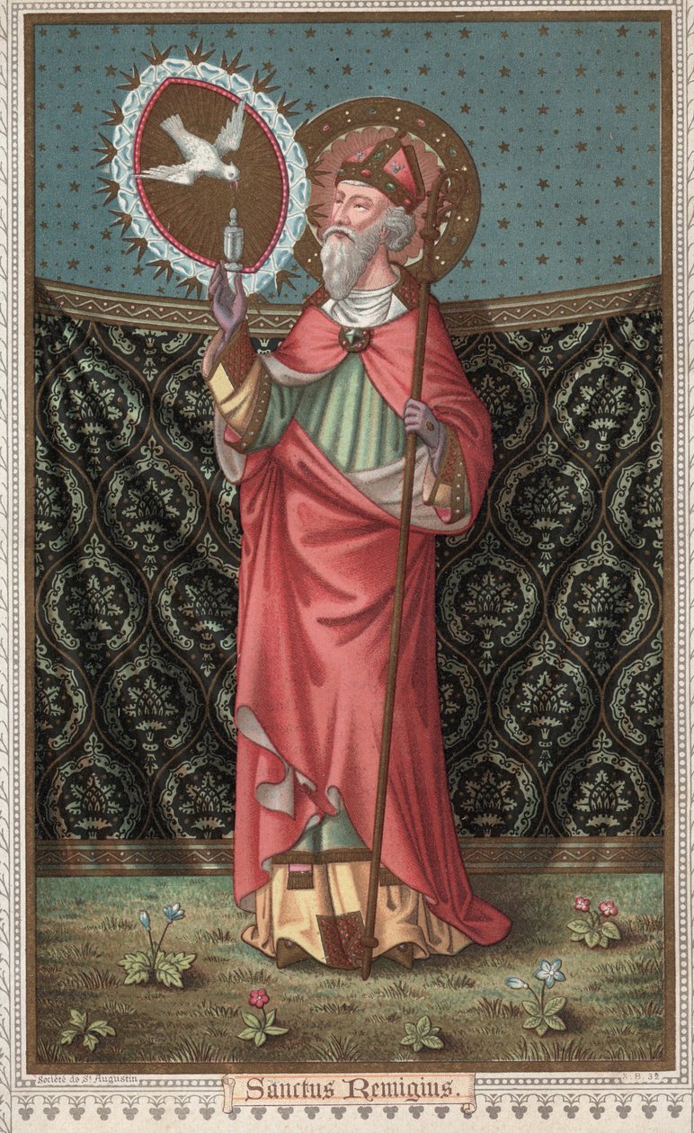 Portret van Saint Remi (437-533) bezoek door de duif van de Heilige Geest. Chromolithografie uit de late 19e eeuw. door Unknown artist