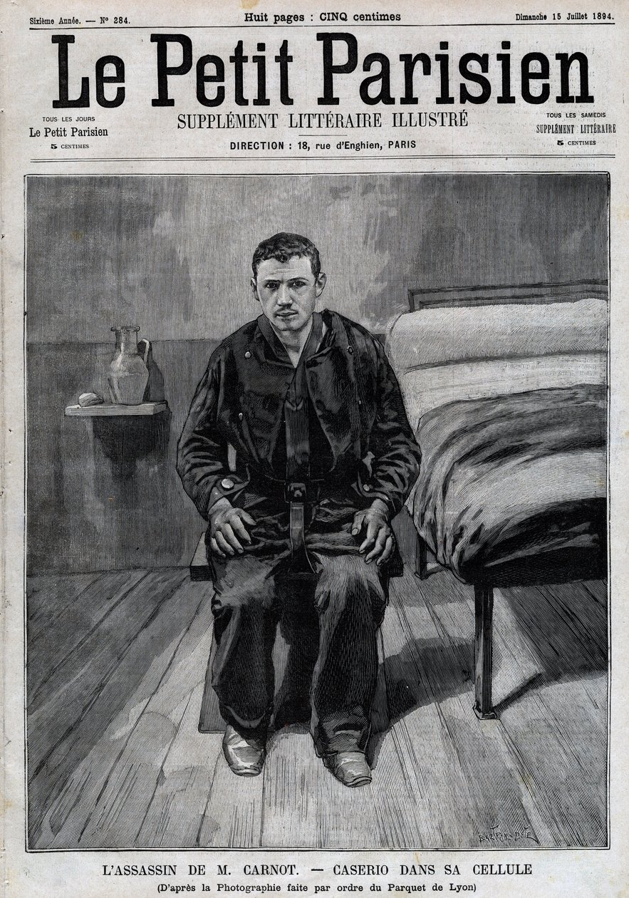 Portret van Sante Caserio (1873-1894) Italiaanse anarchist, moordenaar van Sadi Carnot, in de gevangenis. Gravure in 