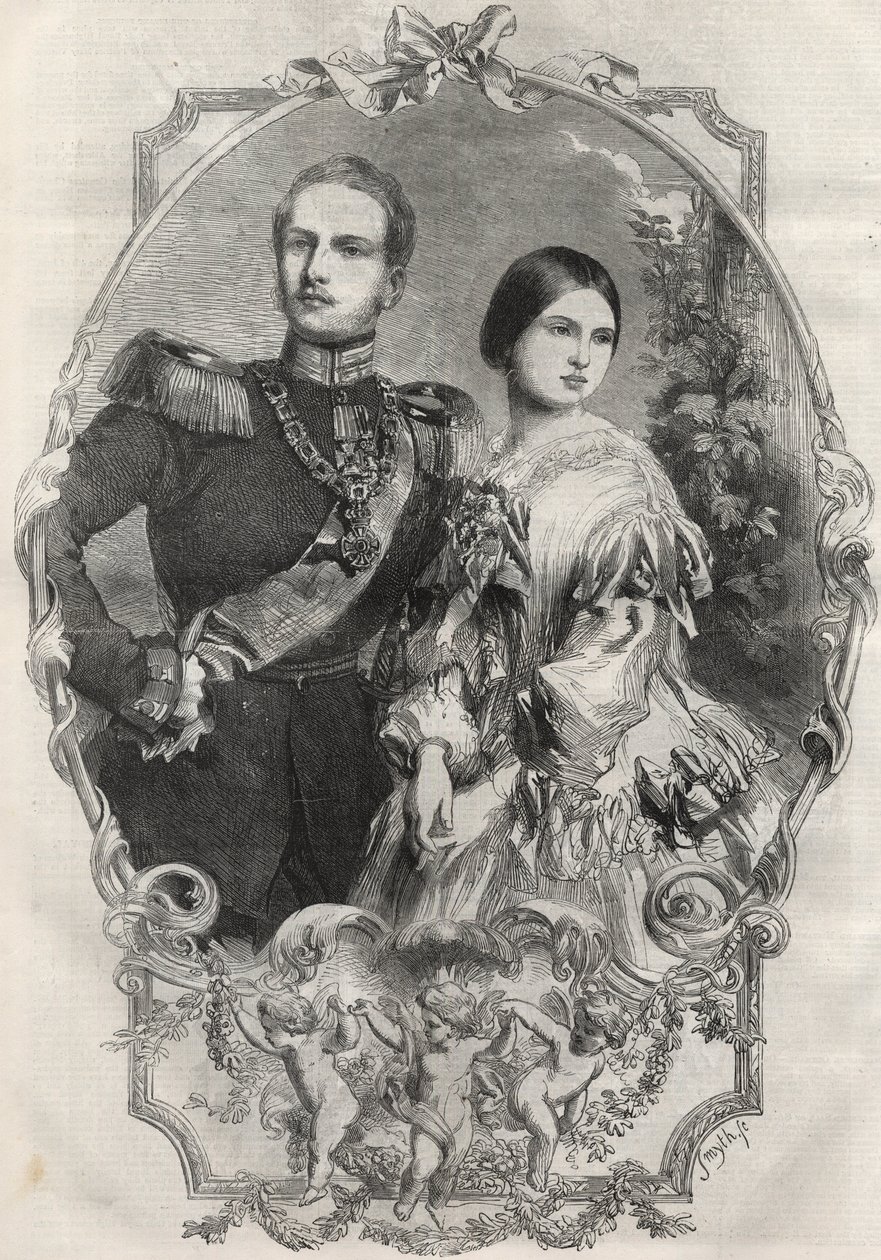 Portret van Hare Koninklijke Hoogheden Prinses Victoria (1840-1901) (Koningin Victoria) en Kroonprins Frederik Willem van Pruisen (1831-1888). Gravure uit 1858 door Unknown artist
