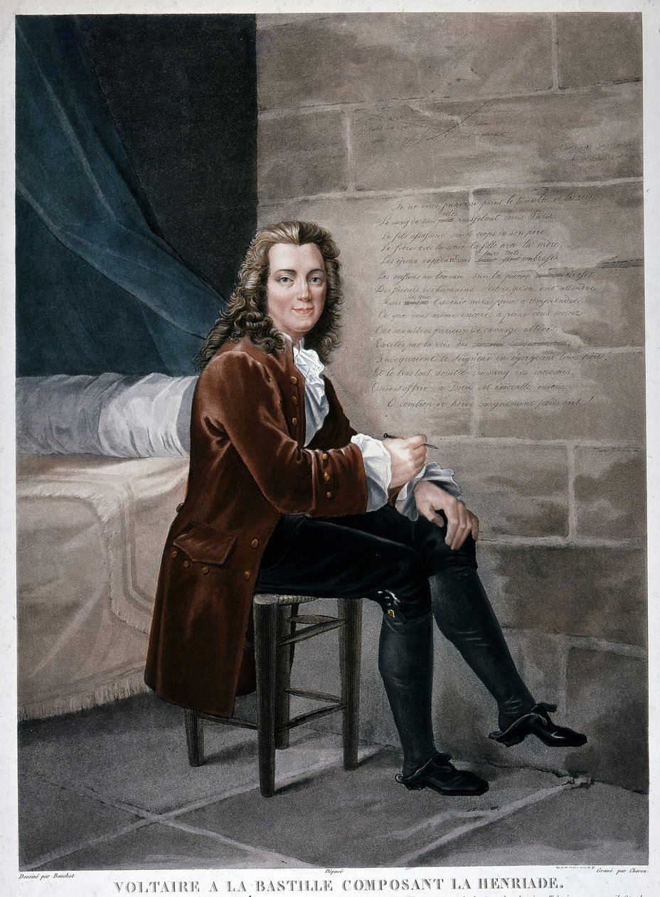 Portret van Voltaire in de Bastille terwijl hij de Henriade samenstelt. Gravure uit de 19e eeuw. Musée Carnavalet. door Unknown artist