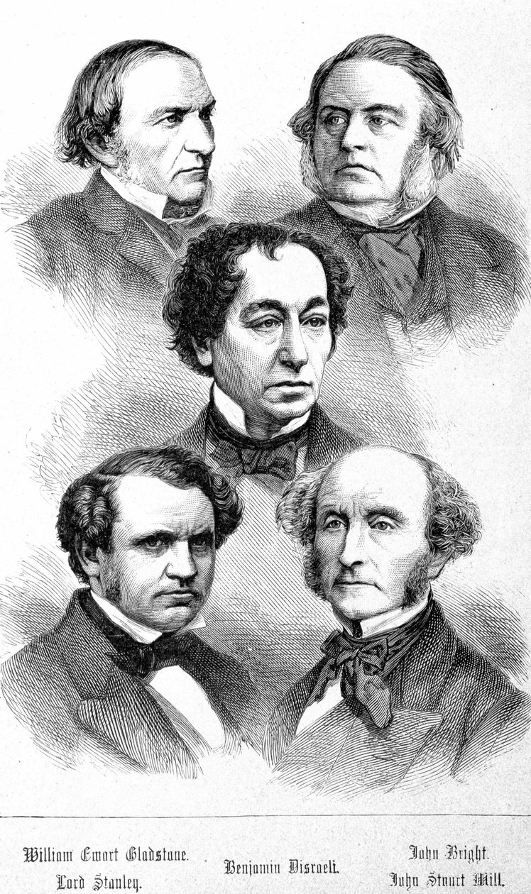 Portret van William Ewart Gladstone, John Bright, Lord Stanley, John Stuart Mill en Benjamin Disraeli - in 
